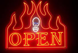 Social Media is Always Open, scary neon sign, open sign for social media