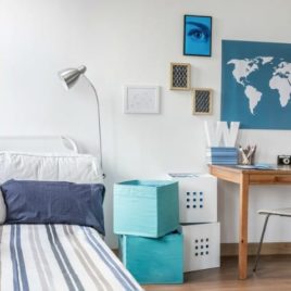 Dorm room with blue and white accents