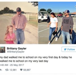 Dad and daughter walk to school on last day