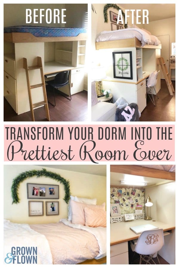 See how one mom took a boring old dorm room and transformed it into the prettiest dorm room ever. Your dorm room doesn't have to be drab and boring, there are lots of DIY ideas to dress up your dorm. #diydorm #dormideas #dormroom #dormmakeover #dormtransformation #college #collegelife #dormlife