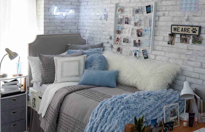 dorm room in blue and grey