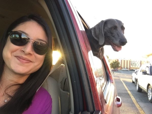 mom with dog in car 