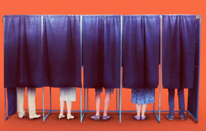 feet in voting booth