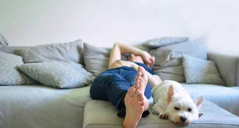 bored teen girl on couch with dog
