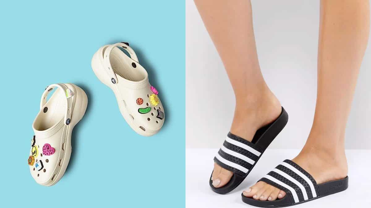 Crocs and Adidas shower shoes 