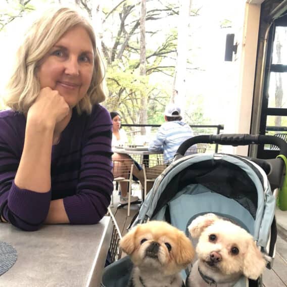 middle aged woman and pets