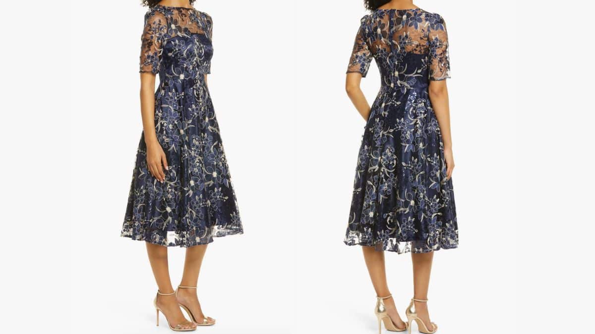 Eliza J. Sequin Floral Embroidery Fit & Flare Cocktail Midi Dress