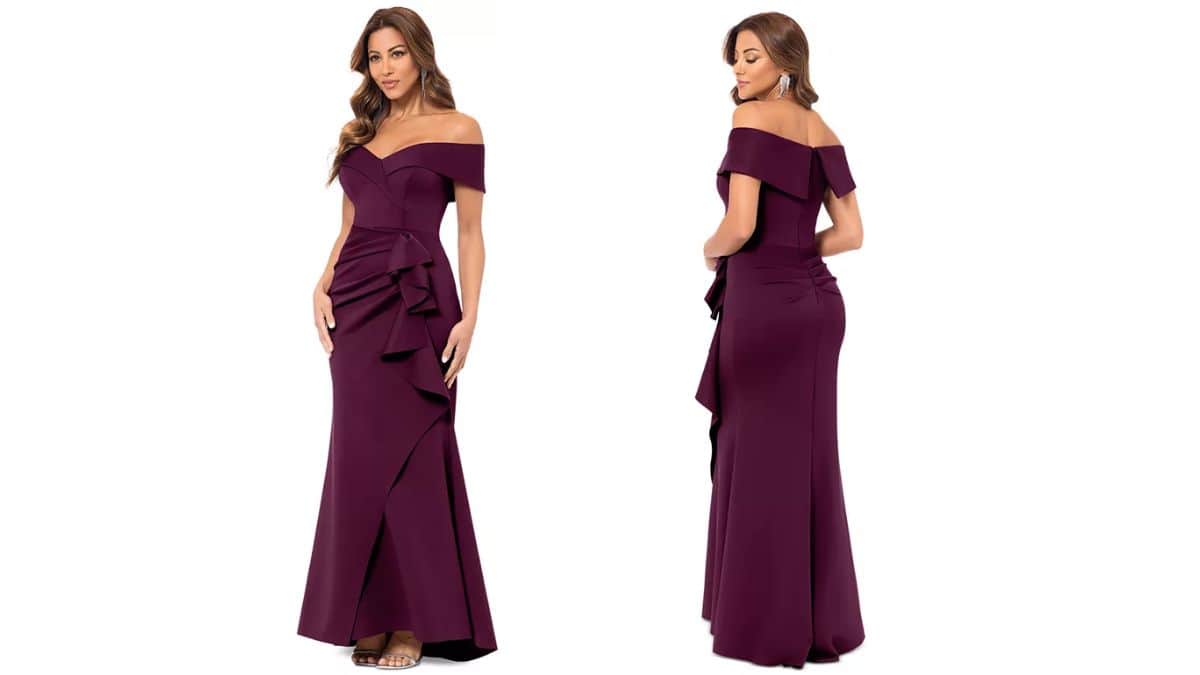 XSCAPE Scuba Off-The-Shoulder Gown